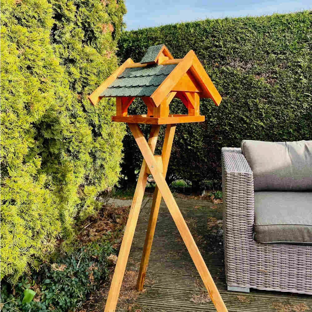 DARLUX Vogel Futter Haus L Oder XL Sechseck Holz Vogelhaus Futterstelle Braun/Blau, Rot, Schwarz Und Grün (XL Mit Ständer, Grün - Braun